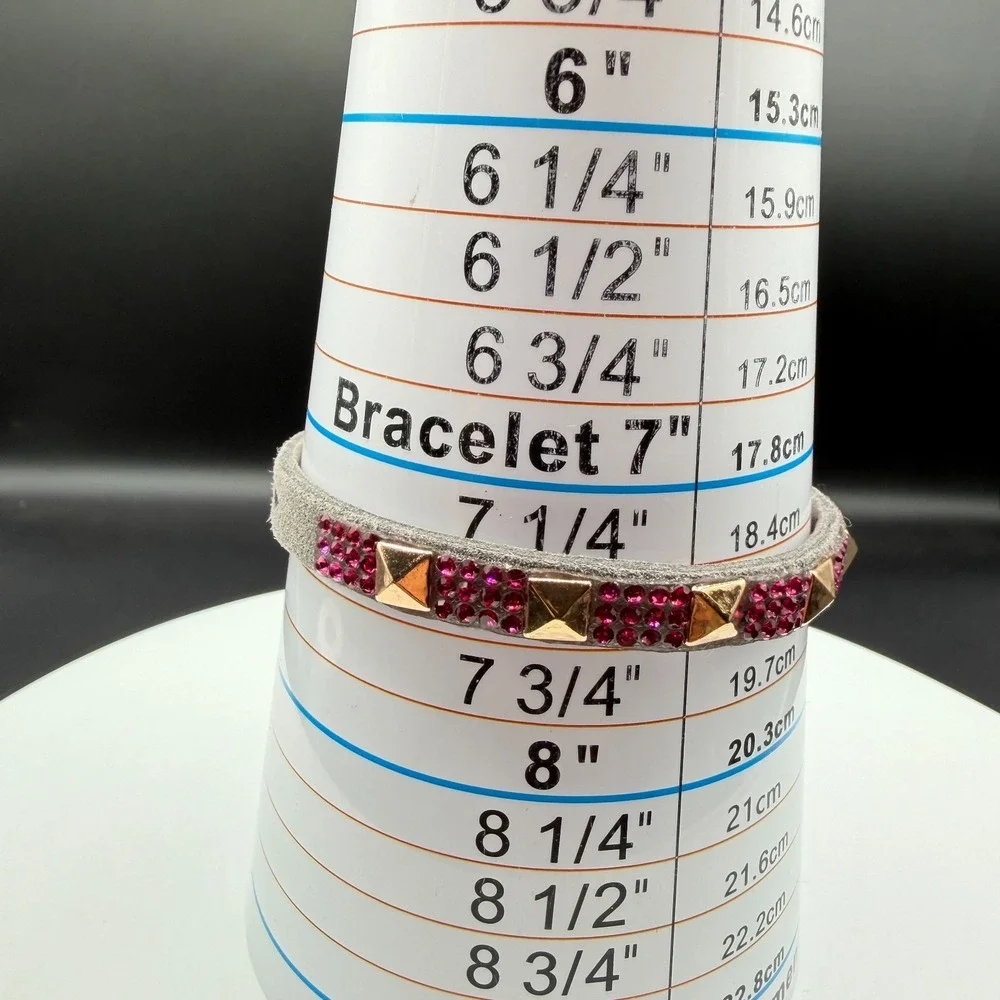 Gray Suede Studded Crystal Bracelet Rose Gold Tone Pink Rhinestone Gift Cuff